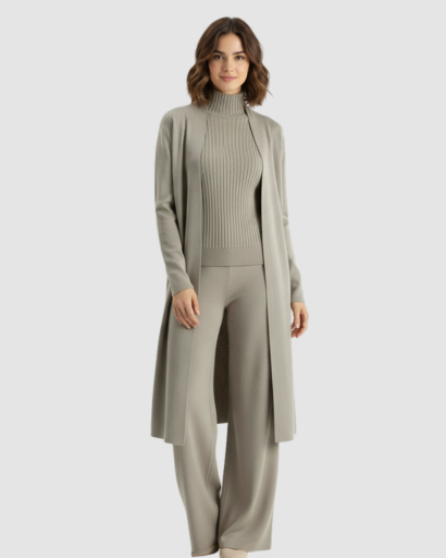 Ensemble 3 Pièces Femme – Pull Col Roulé, Gilet Long & Pantalon Large