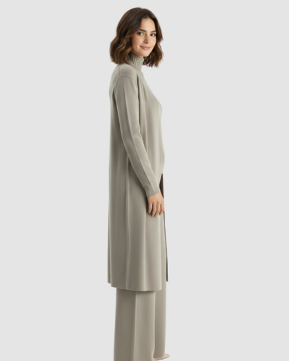 Ensemble 3 Pièces Femme – Pull Col Roulé, Gilet Long & Pantalon Large