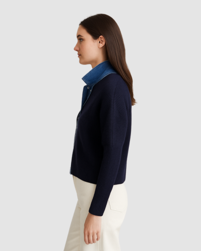 Cardigan Femme à Col Chemise en Jean – Style Contrasté Élégant