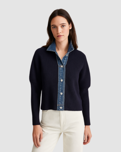 Cardigan Femme à Col Chemise en Jean – Style Contrasté Élégant