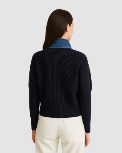 Cardigan Femme à Col Chemise en Jean – Style Contrasté Élégant