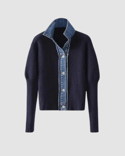 Cardigan Femme à Col Chemise en Jean – Style Contrasté Élégant