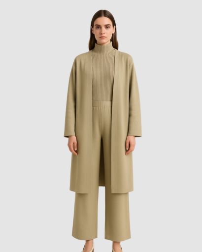 Ensemble 3 Pièces Femme – Pull Col Roulé, Gilet Long & Pantalon Large