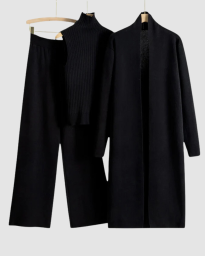 Ensemble 3 Pièces Femme – Pull Col Roulé, Gilet Long & Pantalon Large