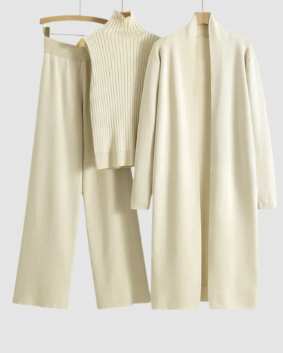 Ensemble 3 Pièces Femme – Pull Col Roulé, Gilet Long & Pantalon Large