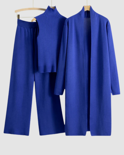 Ensemble 3 Pièces Femme – Pull Col Roulé, Gilet Long & Pantalon Large