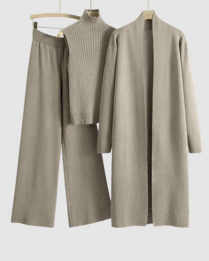 Ensemble 3 Pièces Femme – Pull Col Roulé, Gilet Long & Pantalon Large
