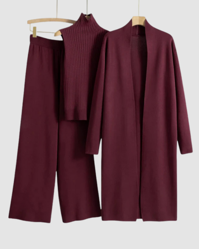 Ensemble 3 Pièces Femme – Pull Col Roulé, Gilet Long & Pantalon Large