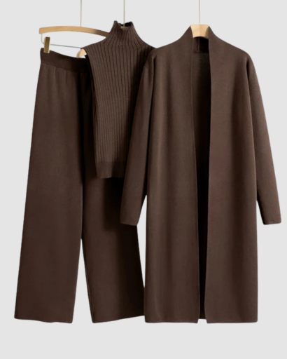 Ensemble 3 Pièces Femme – Pull Col Roulé, Gilet Long & Pantalon Large