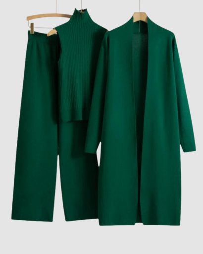 Ensemble 3 Pièces Femme – Pull Col Roulé, Gilet Long & Pantalon Large