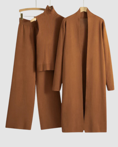 Ensemble 3 Pièces Femme – Pull Col Roulé, Gilet Long & Pantalon Large