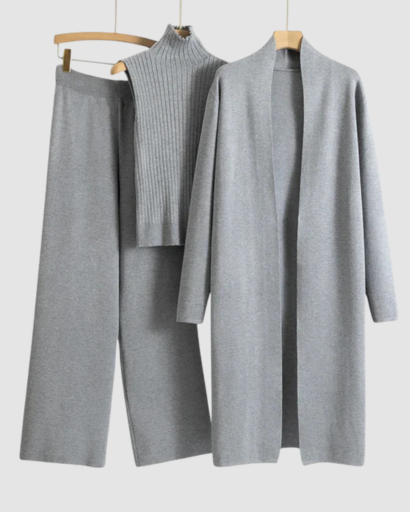 Ensemble 3 Pièces Femme – Pull Col Roulé, Gilet Long & Pantalon Large