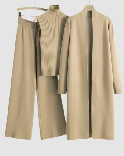 Ensemble 3 Pièces Femme – Pull Col Roulé, Gilet Long & Pantalon Large