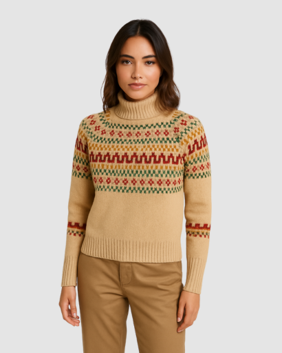 Pull Col Roulé Femme Motifs Hiver – Tricot Chaud à Motifs Scandinaves