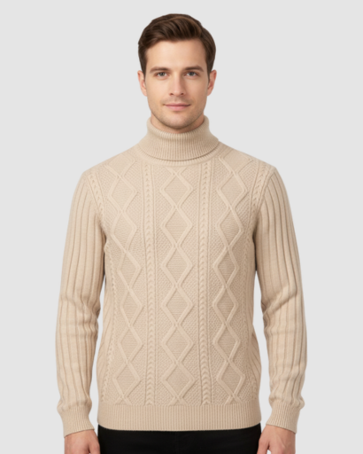 Pull Col Roulé Homme en Maille Torsadée – Style Chic & Intemporel