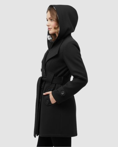 Manteau Femme Élégant à Capuche – Coupe Cintrée & Ceinture Ajustable