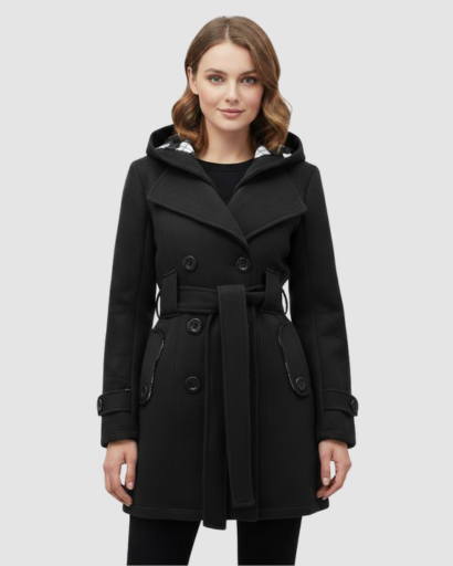 Manteau Femme Élégant à Capuche – Coupe Cintrée & Ceinture Ajustable
