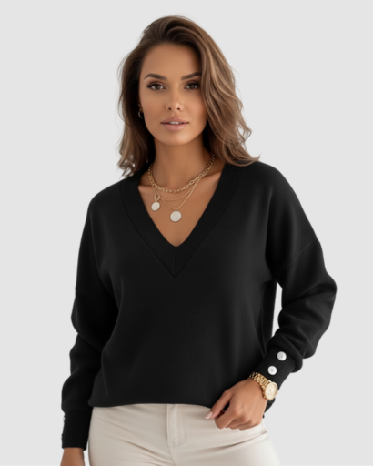 Pull Col V Femme Boutons Dorés – Élégance Décontractée et Confort au Quotidien