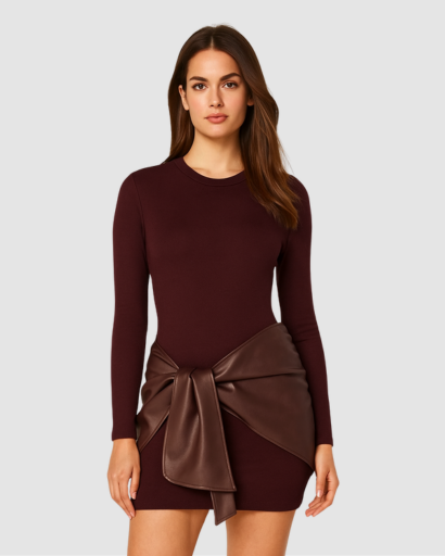 Robe Femme Manche Longue avec Nœud Effet Simili – Coupe Ajustée & Style Moderne