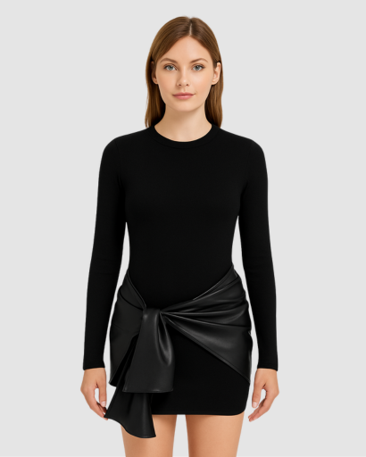 Robe Femme Manche Longue avec Nœud Effet Simili – Coupe Ajustée & Style Moderne