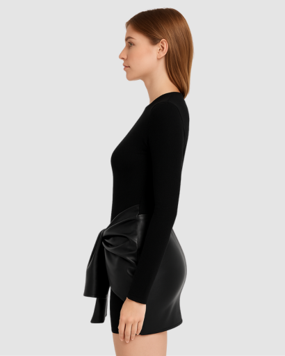 Robe Femme Manche Longue avec Nœud Effet Simili – Coupe Ajustée & Style Moderne
