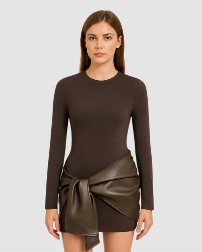 Robe Femme Manche Longue avec Nœud Effet Simili – Coupe Ajustée & Style Moderne