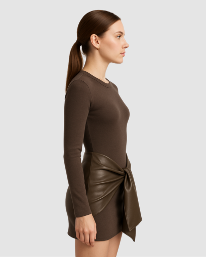 Robe Femme Manche Longue avec Nœud Effet Simili – Coupe Ajustée & Style Moderne