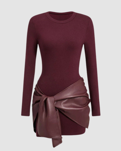 Robe Femme Manche Longue avec Nœud Effet Simili – Coupe Ajustée & Style Moderne