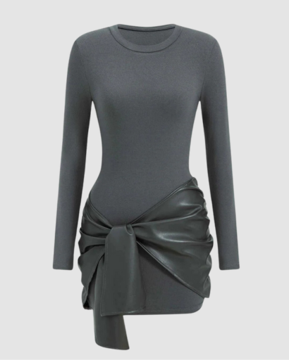 Robe Femme Manche Longue avec Nœud Effet Simili – Coupe Ajustée & Style Moderne