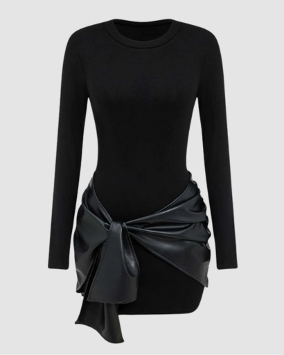 Robe Femme Manche Longue avec Nœud Effet Simili – Coupe Ajustée & Style Moderne