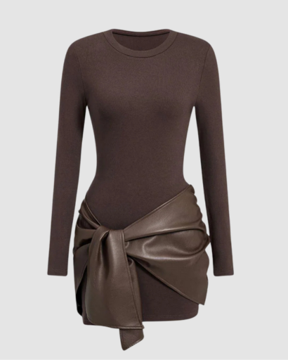 Robe Femme Manche Longue avec Nœud Effet Simili – Coupe Ajustée & Style Moderne