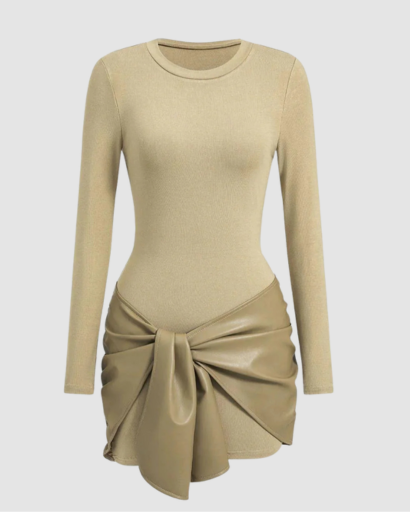 Robe Femme Manche Longue avec Nœud Effet Simili – Coupe Ajustée & Style Moderne