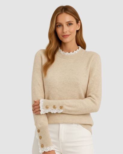Pull Femme Élégant avec Détails Dentelle & Boutons – Style Chic & Féminin