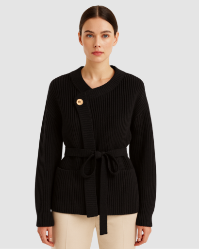 Cardigan Femme en Maille Côtelée avec Ceinture – Élégant & Confortable