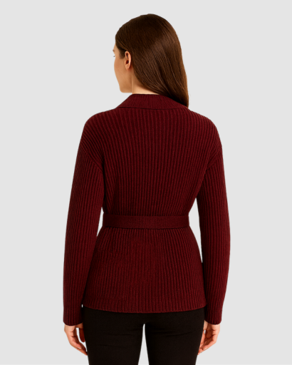 Cardigan Femme en Maille Côtelée Bordeaux avec Ceinture – Élégant & Confortable