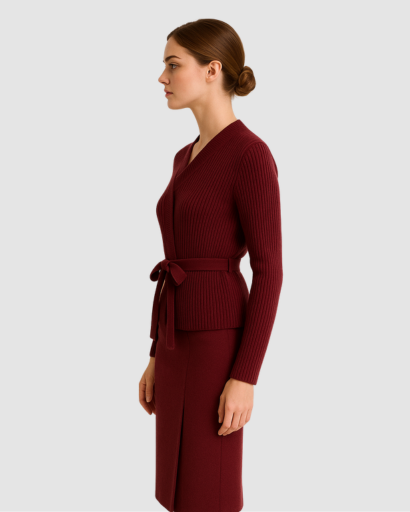 Cardigan Femme en Maille Côtelée Bordeaux avec Ceinture – Élégant & Confortable
