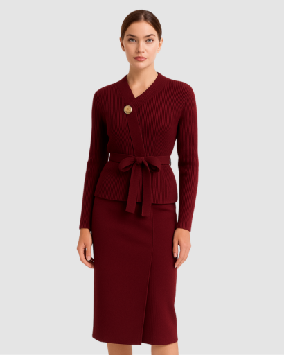 Cardigan Femme en Maille Côtelée Bordeaux avec Ceinture – Élégant & Confortable