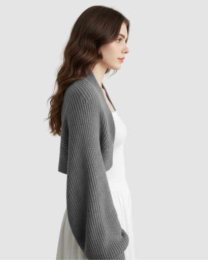 Gilet Boléro Femme en Maille Côtelée – Manches Amples & Style Élégant