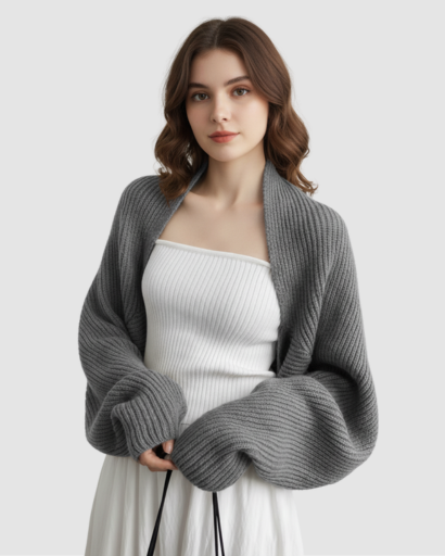 Gilet Boléro Femme en Maille Côtelée – Manches Amples & Style Élégant