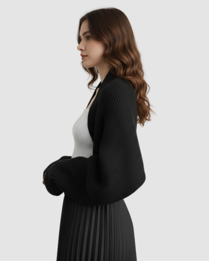 Gilet Boléro Femme en Maille Côtelée – Manches Amples & Style Élégant