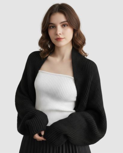 Gilet Boléro Femme en Maille Côtelée – Manches Amples & Style Élégant