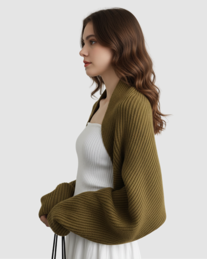 Gilet Boléro Femme en Maille Côtelée – Manches Amples & Style Élégant