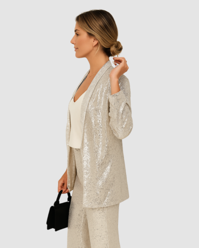 Ensemble Femme Pailleté Blazer Long & Pantalon – Élégance Soirée & Invitée de Mariage | Glamour