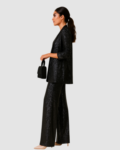 Ensemble Femme Pailleté Blazer Long & Pantalon – Élégance Soirée & Invitée de Mariage | Glamour