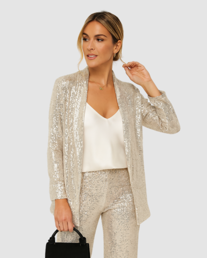 Ensemble Femme Pailleté Blazer Long & Pantalon – Élégance Soirée & Invitée de Mariage | Glamour