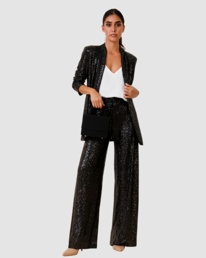 Ensemble Femme Pailleté Blazer Long & Pantalon – Élégance Soirée & Invitée de Mariage | Glamour