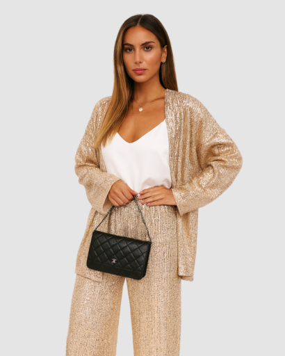 Ensemble Femme Pailleté Blazer Long & Pantalon – Élégance Soirée & Invitée de Mariage | Glamour
