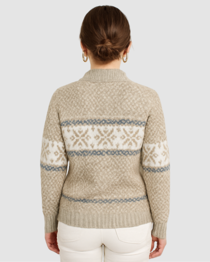 Pull d’Hiver Femme Motif Nordique – Col Montant Doux et Confort Absolu