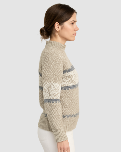 Pull d’Hiver Femme Motif Nordique – Col Montant Doux et Confort Absolu