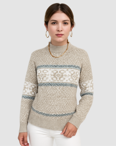 Pull d’Hiver Femme Motif Nordique – Col Montant Doux et Confort Absolu